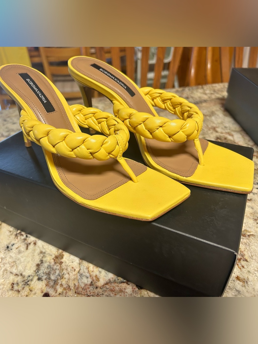 NIB BCBGMaxAzria Bella Bright Yellow Leather Braided -Square Toe Stiletto Sandal